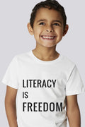 "Literacy is Freedom" White Cotton Crew Neck Kids T-Shirt