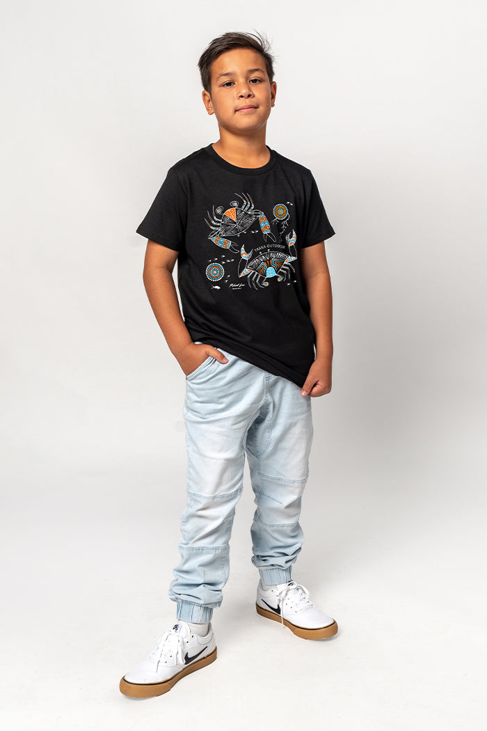 Aboriginal Art Clothing-Mudcrab Black Cotton Crew Neck Kids T-Shirt-Yarn Marketplace
