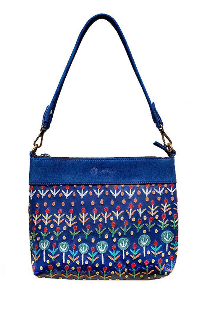 Ross Embroidered Handbag Leather (Blue) - 30 x 24cm-Bags-Yarn Marketplace