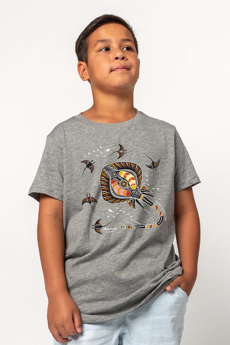 Aboriginal Art Clothing-Stingray Fever Grey Marle Cotton Crew Neck Kids T-Shirt-Yarn Marketplace