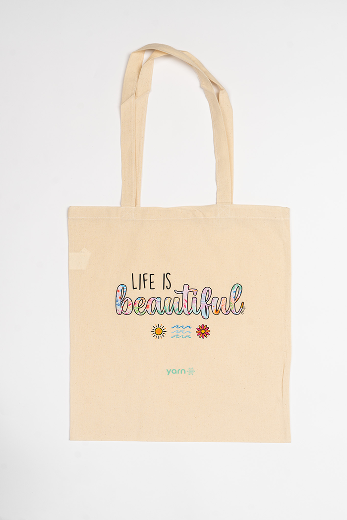 Life Is Beautiful Long Handle Natural Cotton Tote Bag