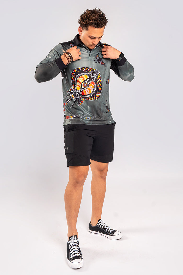 Aboriginal Art Clothing-Stingray Fever UPF 50 Unisex Long Sleeve Polo Shirt-Yarn Marketplace