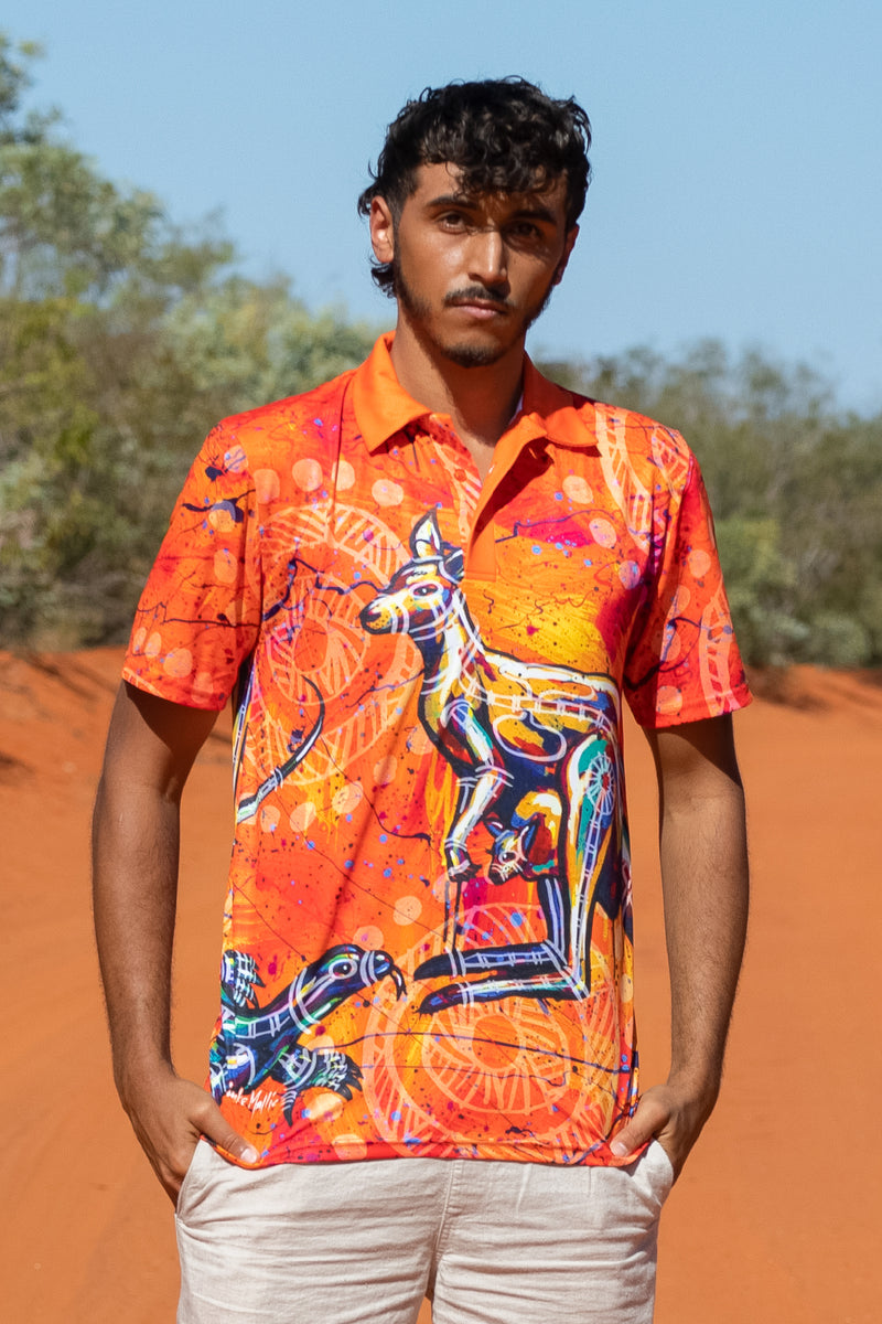 Kangaroo & Goanna Indigenous - Unisex Shirt Dreaming Aboriginal Colorful Shirt Polo Design Polo