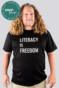 Aboriginal Art Clothing-"Literacy is Freedom" Black Cotton Crew Neck Unisex T-Shirt-Yarn Marketplace