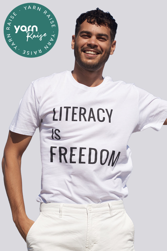 Aboriginal Art Clothing-"Literacy is Freedom" White Cotton Crew Neck Unisex T-Shirt-Yarn Marketplace