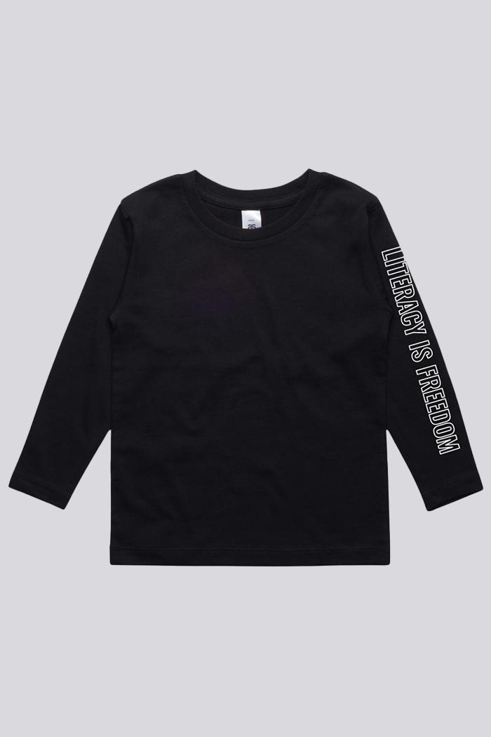 "Literacy is Freedom" Black Cotton Crew Neck Youth Long Sleeve T-Shirt