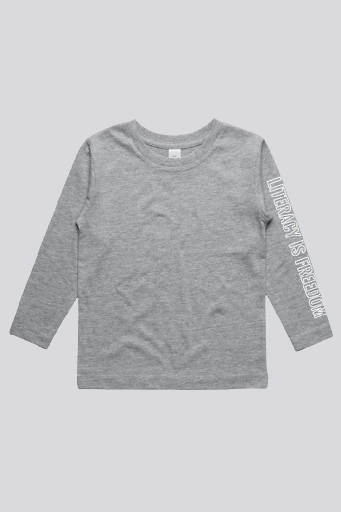 "Literacy is Freedom" Grey Cotton Crew Neck Youth Long Sleeve T-Shirt